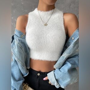 Mock neck white fuzzy crop top - S